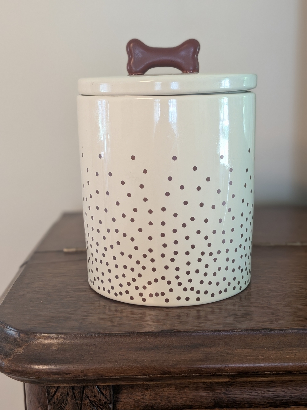 Ceramic Dog Treat Jar Ivory Polka Dot Bone Handle Storage Canister